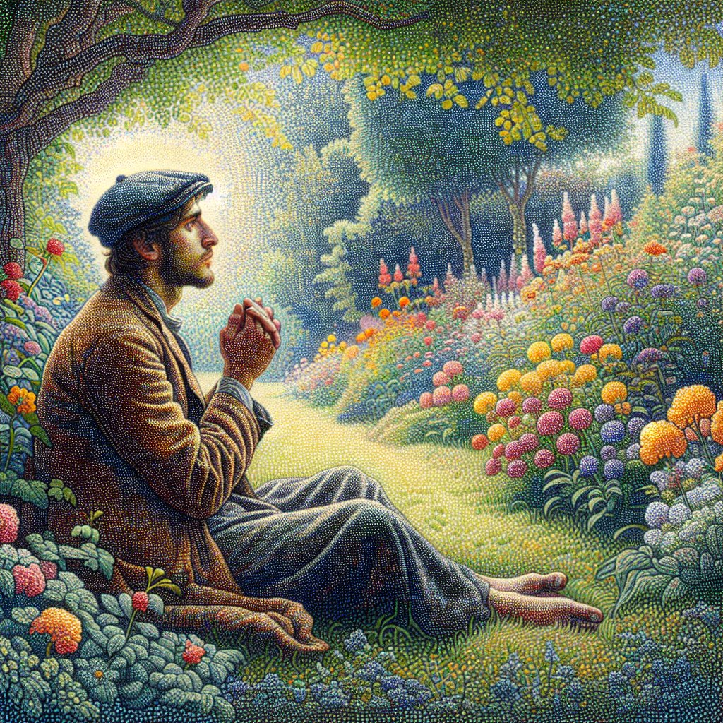 Garden
Generate an image of a man with Middle-Eastern descent, portraying a peaceful and captivating scene in a pastoral garden with vibrant flowers and lush, green foliage. Capture the essence of the pointillism art style, a movement that was prominent in the late 19th century, characterized by small, distinct dots of color that collectively form the image. The man is in a praying position, displaying a sense of serenity and devotion. Be sure to convey a mood of tranquility and reverence. The primary medium of this image should resemble oil on canvas.