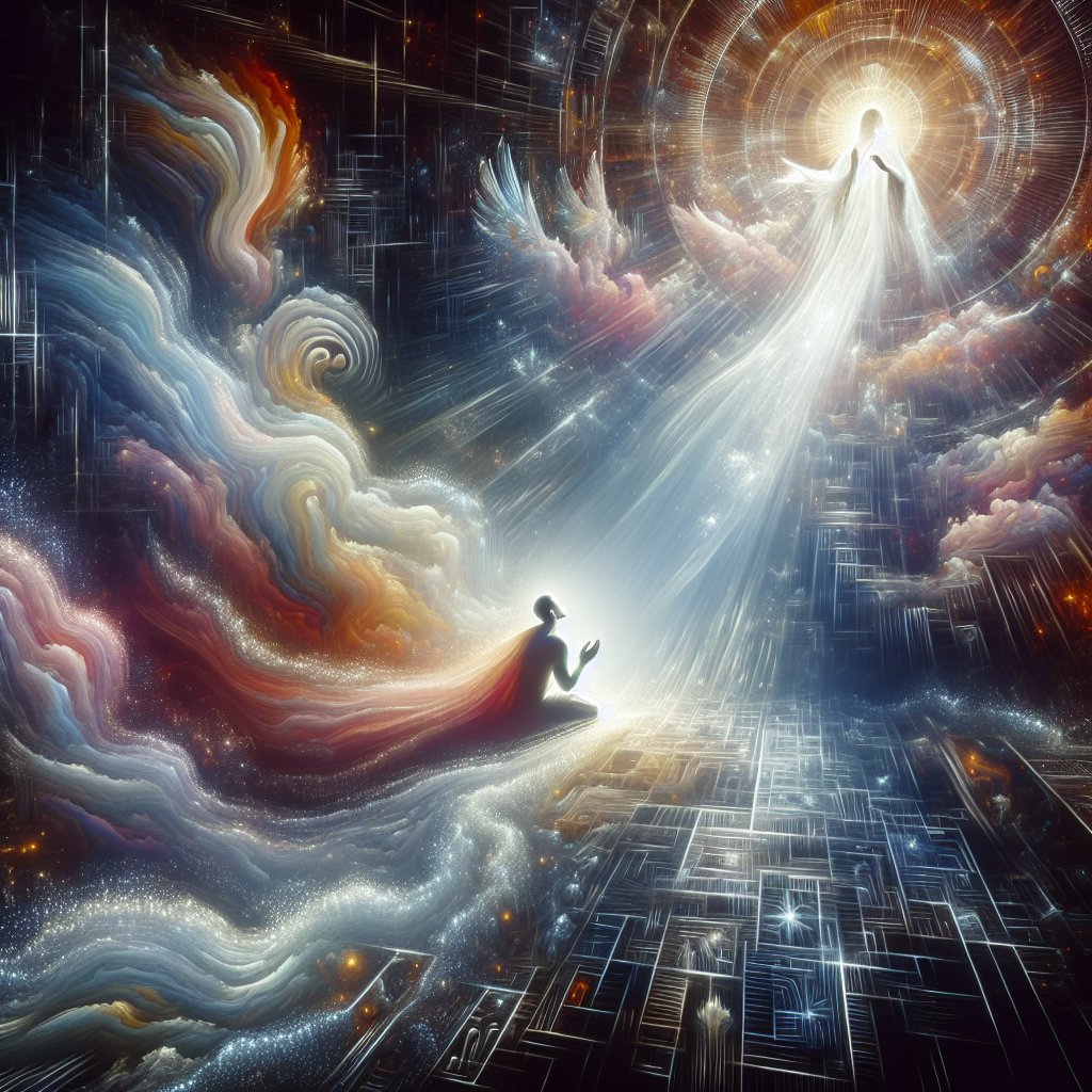 1 John 5:14-15 - "And this is the confidence that we have toward him, that if we ask anything according to his will he hears us. And if we know that he hears us in whatever we ask, we know that we have the requests that we have asked of him."
A digital art representation of the biblical verse from 1 John 5:14-15. Depict it with ethereal, transcendent, imaginative imagery. Convey the idea of divine interaction, of confidence towards the almighty and make the scene suggestive of a dialogue, with an impression of communication flowing upwards. Translate the verse metaphorically onto the canvas, with elements such as a person 🚹 in prayer posture, a divine aura, and symbolic representation of the scripture.