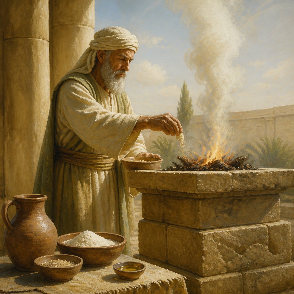 "And the priest shall take from the meat offering a memorial thereof, and shall burn it upon the altar: it is an offering made by fire, of a sweet savour unto the LORD." - Leviticus 2:{verse.verse_number}
