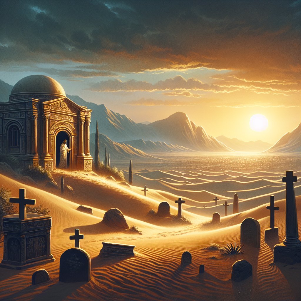 John 11:17 - "Then when Jesus came, he found that he had lain in the grave four days already."
Illustrate a scene inspired by John 11:17 from the Bible. 'Then when Jesus came, he found that he had lain in the grave four days already.' The image should embody the emotion and solemnity of this moment, with a focus on the mystical environment. It should include elements of the ancient Middle-Eastern landscape and architecture: gravestones, desert sands, and mountains against a setting sun. Avoid any direct portrayal of Jesus, focusing instead on the atmospheric depiction of the grave's surrounding. The style of the image should be digital art with a touch of realism for detailed representation.
