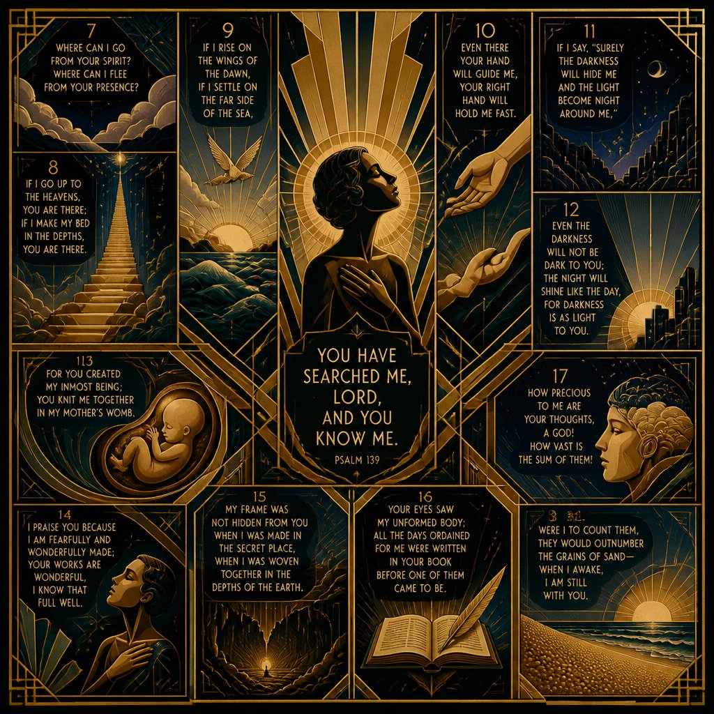 7Where can I go from your Spirit?
Where can I flee from your presence?
8If I go up to the heavens, you are there;
if I make my bed in the depths, you are there.
9If I rise on the wings of the dawn,
if I settle on the far side of the sea,
10even there your hand will guide me,
your right hand will hold me fast.
11If I say, “Surely the darkness will hide me
and the light become night around me,”
12even the darkness will not be dark to you;
the night will shine like the day,
for darkness is as light to you.
13For you created my inmost being;
you knit me together in my mother’s womb.
14I praise you because I am fearfully and wonderfully made;
your works are wonderful,
I know that full well.
15My frame was not hidden from you
when I was made in the secret place,
when I was woven together in the depths of the earth.
16Your eyes saw my unformed body;
all the days ordained for me were written in your book
before one of them came to be.
17How precious to me are your thoughts, a God!
How vast is the sum of them!
18Were I to count them,
they would outnumber the grains of sand—
when I awake, I am still with you.