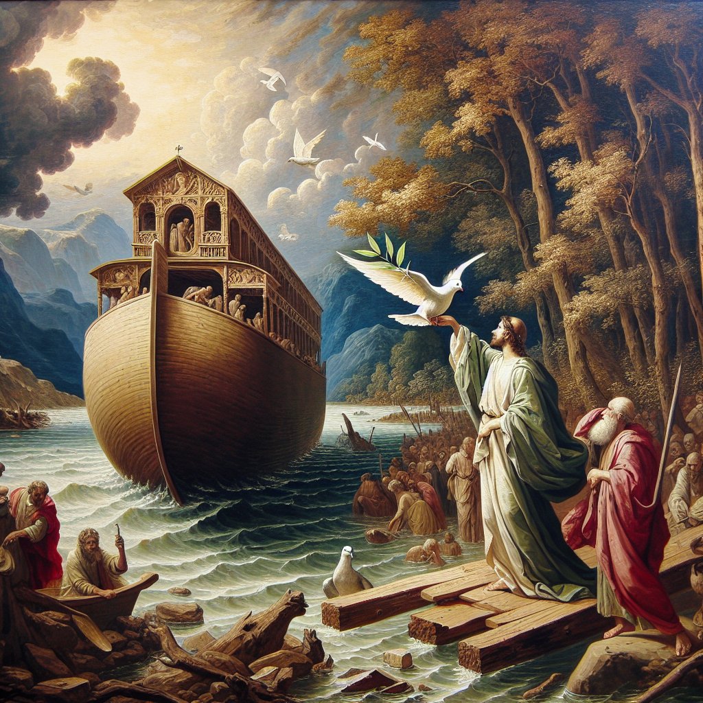 genesis 8:11
An allegorical image capturing Genesis 8:11 from the Bible, depicted using traditional symbolic approaches of Symbolism movement. The image envisions a dove returning to Noah's Ark, carrying an olive leaf in its beak, signalling the end of the flood. It should reflect the medium of oil on canvases usually employed by late 19th-century Symbolist artists. However, text or words should not be incorporated into the painting. The overall tone should be respectful and devotional to Christianity, signifying hope and renewal.
