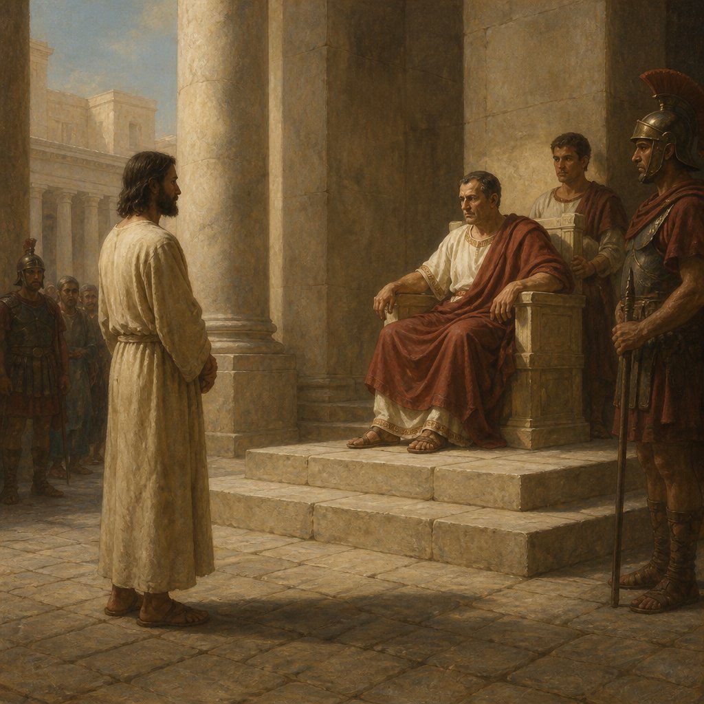 "¶ When Pilate therefore heard that saying, he brought Jesus forth, and sat down in the judgment seat in a place that is called the Pavement, but in the Hebrew, Gabbatha." - John 19:{verse.verse_number}