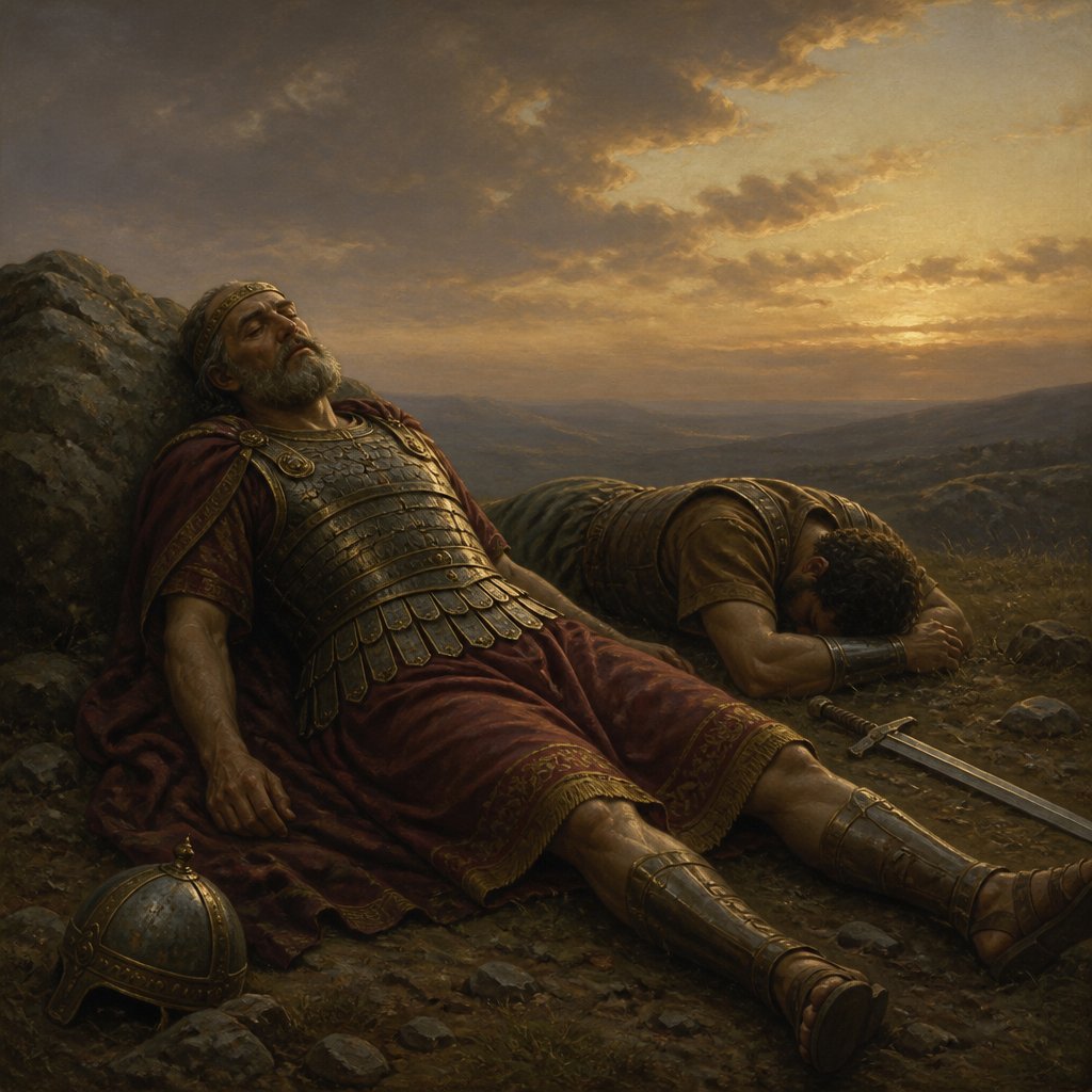 "And when his armourbearer saw that Saul was dead, he fell likewise on the sword, and died." - 1 Chronicles 10:{verse.verse_number}