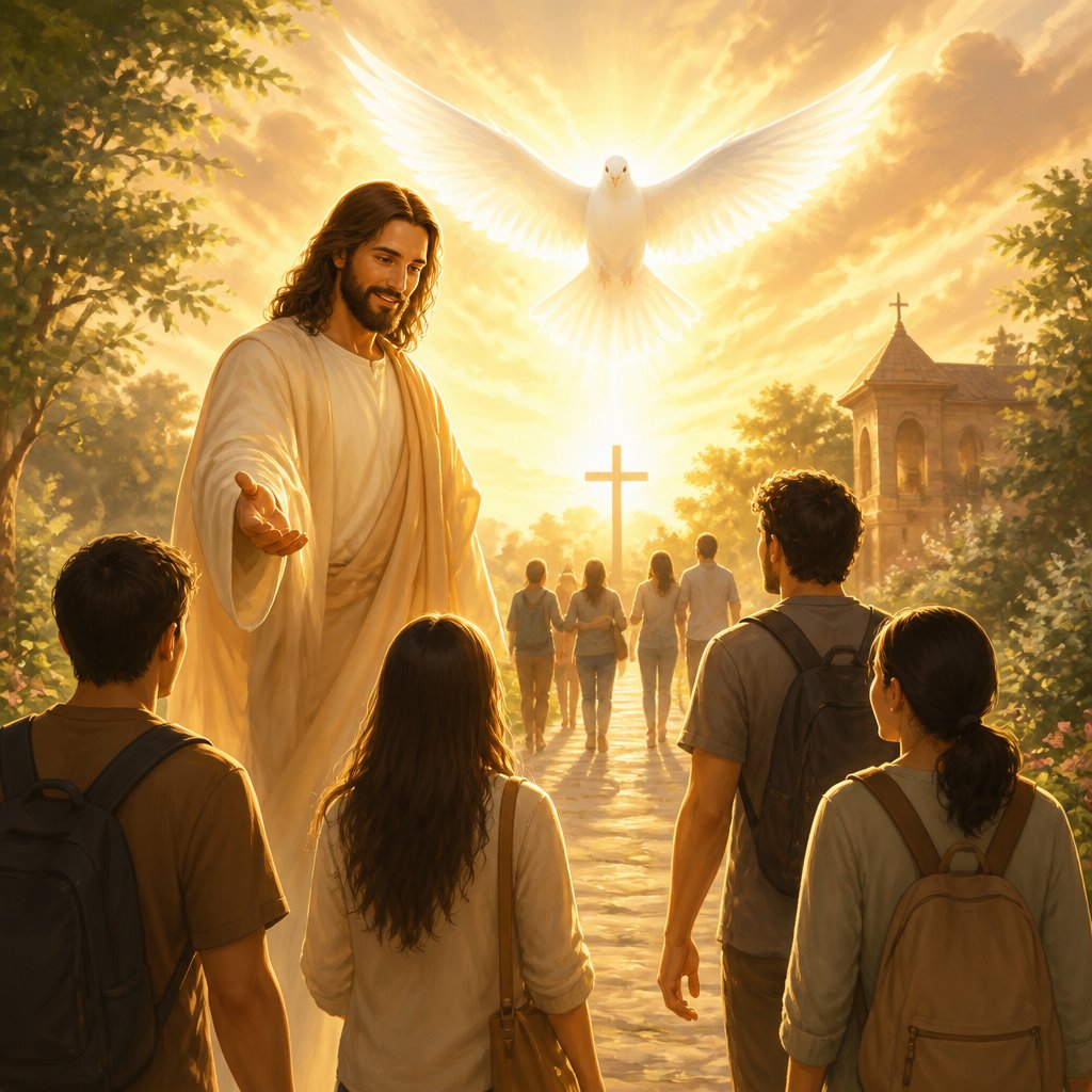 General scene of Jesus and the Holy Spirit welcoming people to a catholic retreat