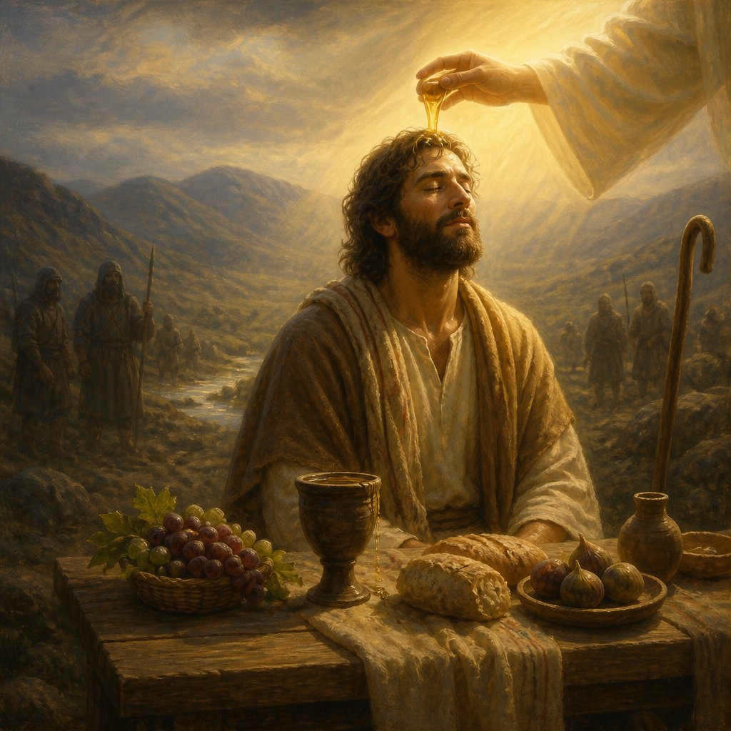 "Thou preparest a table before me in the presence of mine enemies: thou anointest my head with oil; my cup runneth over." - Psalms 23:{verse.verse_number}