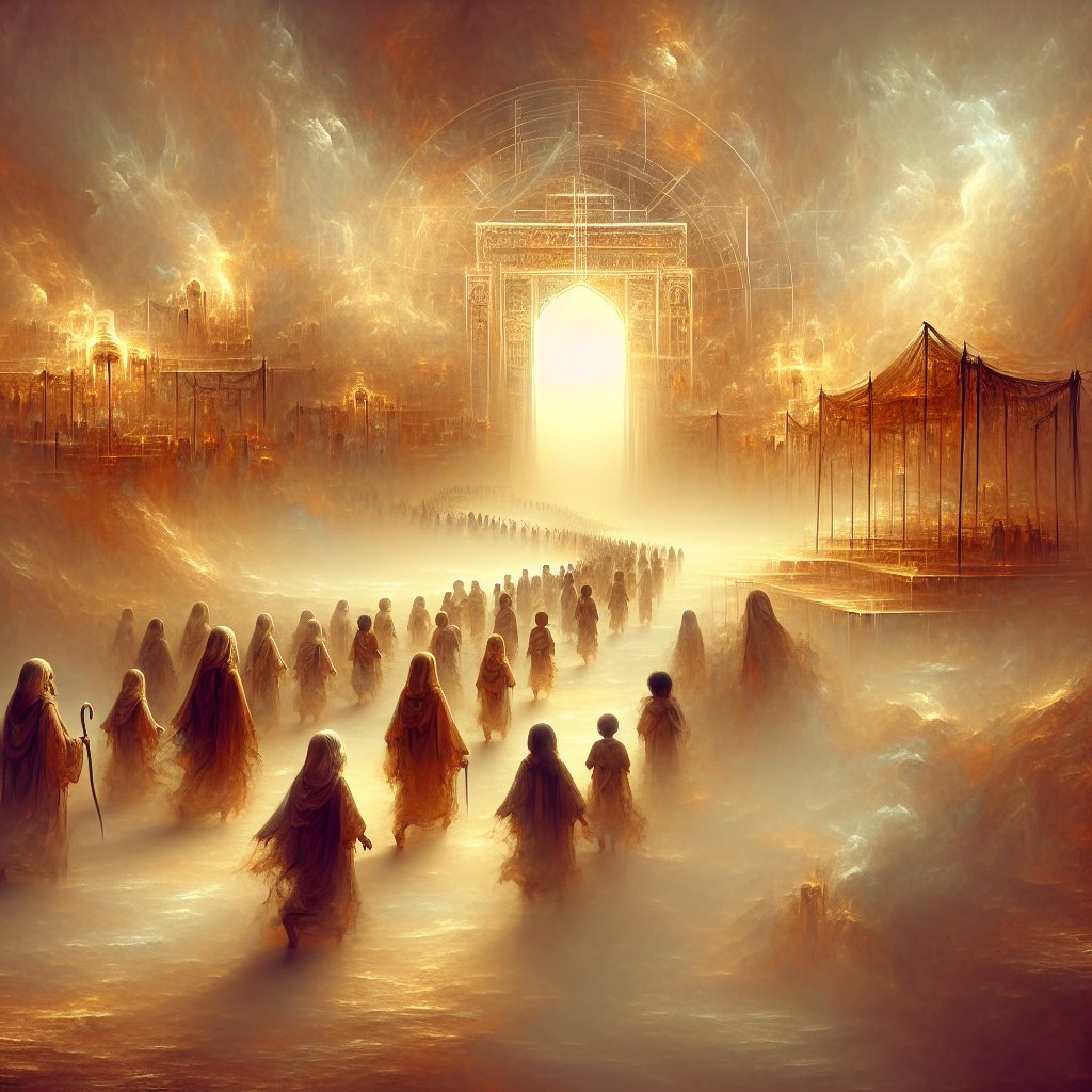 2 Samuel 7:6 - "Whereas I have not dwelt in any house since the time that I brought up the children of Israel out of Egypt, even to this day, but have walked in a tent and in a tabernacle."
An interpretation of the Biblical passage 2 Samuel 7:6 crafted in a digital art medium. The scene depicts an ethereal procession of children coming out of Egypt and moving towards an unknown destination. The backdrop is filled with hazy outlines suggestive of a transient tent and tabernacle signifying their temporary dwelling. The entire scene is bathed in a warm, diffuse light symbolizing divine presence.