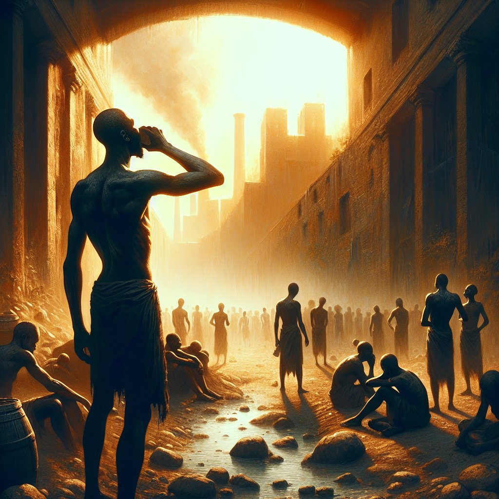 Lamentations 5:10 - "Our skin was black like an oven because of the terrible famine."
Visualize a scene inspired by the historical period referenced in the biblical verse Lamentations 5:10: 'Our skin was black like an oven because of the terrible famine.' Capture the struggle, dismay, and despair surrounding a terrible famine. Be sure to reflect the visual symbol of 'skin black like an oven', perhaps by illustrating people darkened by the unyielding sun or by having been exposed to harsh conditions of the environment. As the image is inspired by historical events, use the artistic elements typically seen in historical paintings like detailed human figures, dramatic lighting, and somber color palette. Render this scene visibly using techniques commonly found in digital artistry, like clean lines, vibrant colors, and precise detailing.