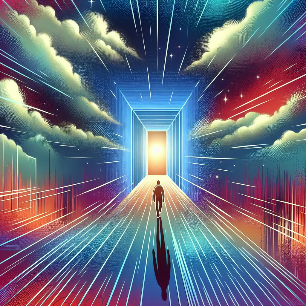 Hebrews (10:37) For just a little longer and he who is coming will arrive and not delay.
An interpretation of the biblical verse Hebrews (10:37) 'For just a little longer and he who is coming will arrive and not delay' in a digital art format. It may show a path opening up for a figure showing their arrival, seemingly impervious to the constraints of time. The scene displayed can have synthetic color schemes and uniquely geometric views that we see in digital art.
