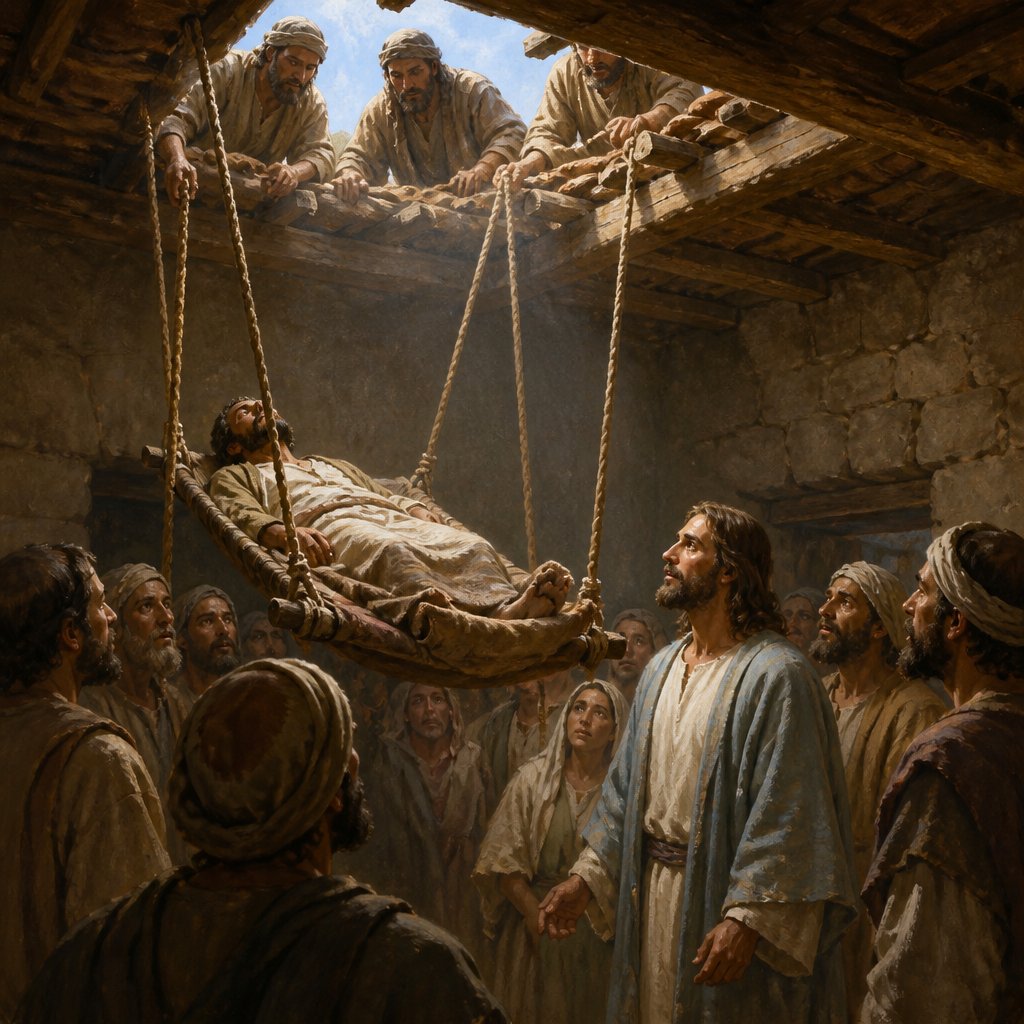 "And when they could not find by what way they might bring him in because of the multitude, they went upon the housetop, and let him down through the tiling with his couch into the midst before Jesus." - Luke 5:19
