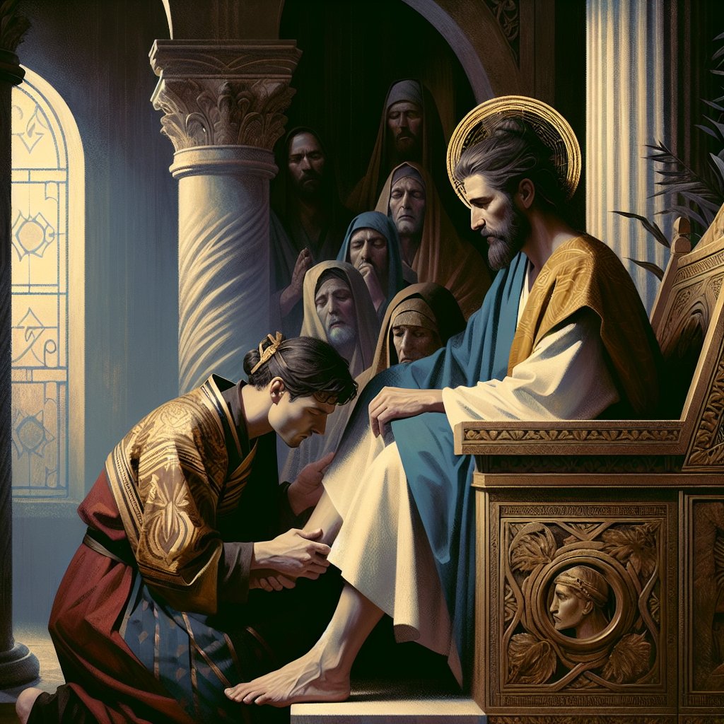 Luke 7:45 - "Thou gavest me no kiss: but this woman since the time I came in hath not ceased to kiss my feet."
A solemn scene from Luke 7:45 - 'Thou gavest me no kiss: but this woman since the time I came in hath not ceased to kiss my feet.' Depict a moment from Bible times with a woman kissing a man's feet. The characters should exhibit a strong emotional exchange, while the ambiance of the scene should be reflective of that era. Subtle color combinations, intricate details, and digital effects should be employed to capture the essence of the moment.