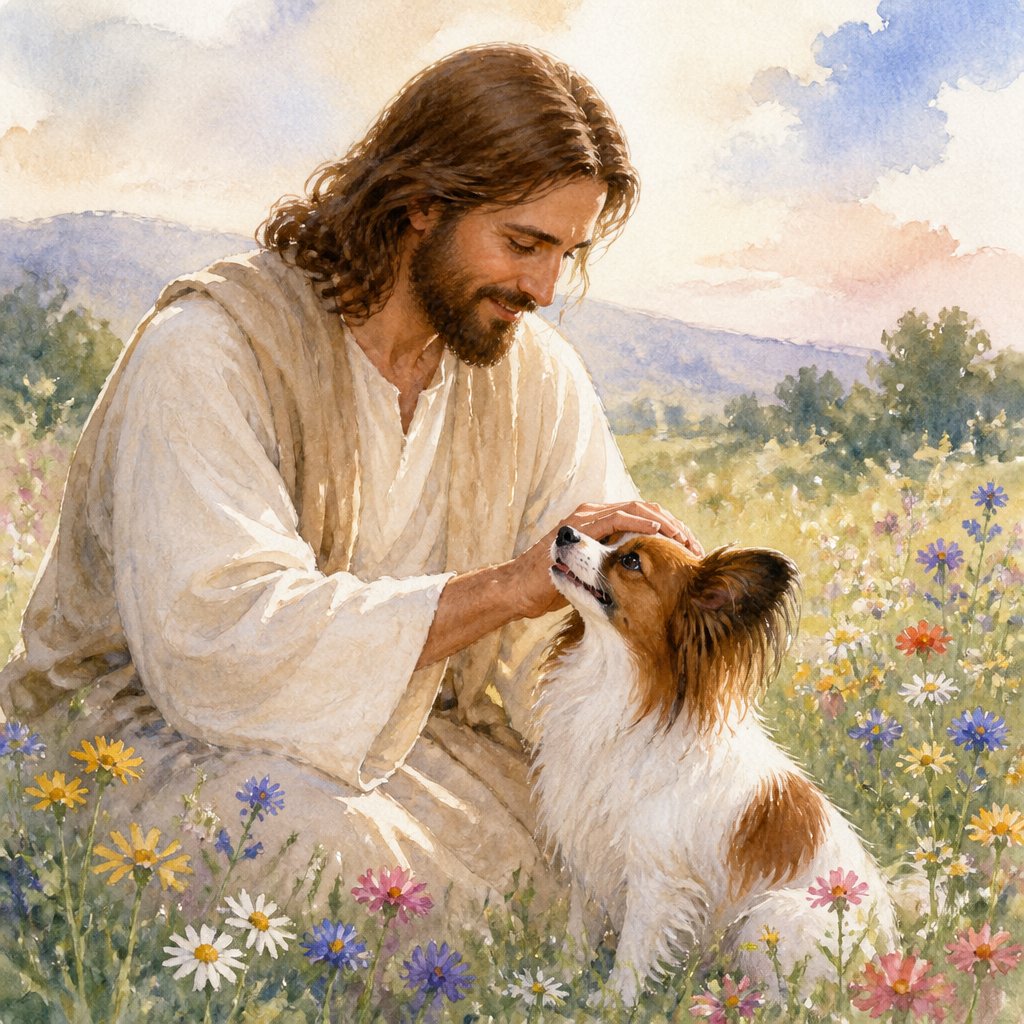 Jesus petting a papillon dog in a field of wildflowers