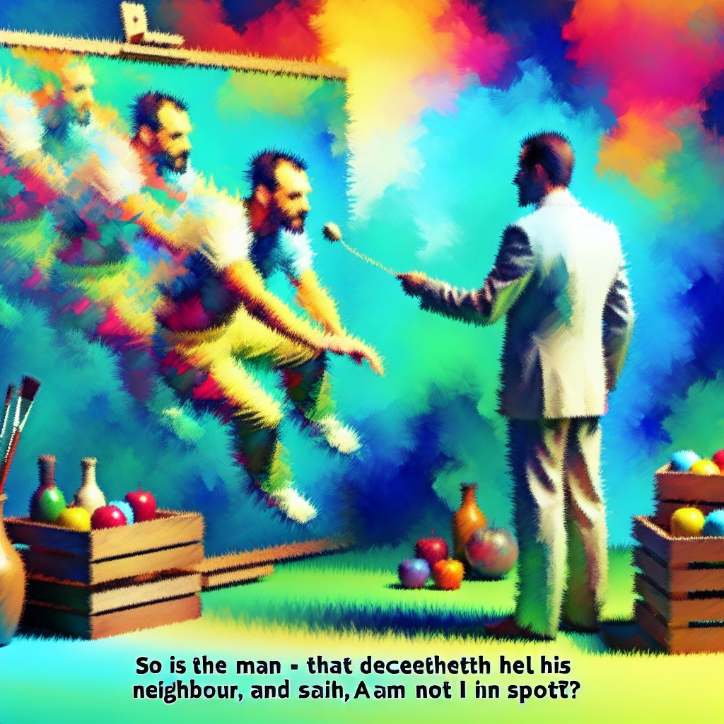 Proverbs 26:19 - "So is the man that deceiveth his neighbour, and saith, Am not I in sport?"
A digital art representation of Proverbs 26:19 - 'So is the man that deceiveth his neighbour, and saith, Am not I in sport?'. The scene consists of a man depicted in bright, impressionistic colors, projecting an air of innocence and playfulness. There is the subtle symbolism of deceit, perhaps through an illusory backdrop or skewed perspective.
