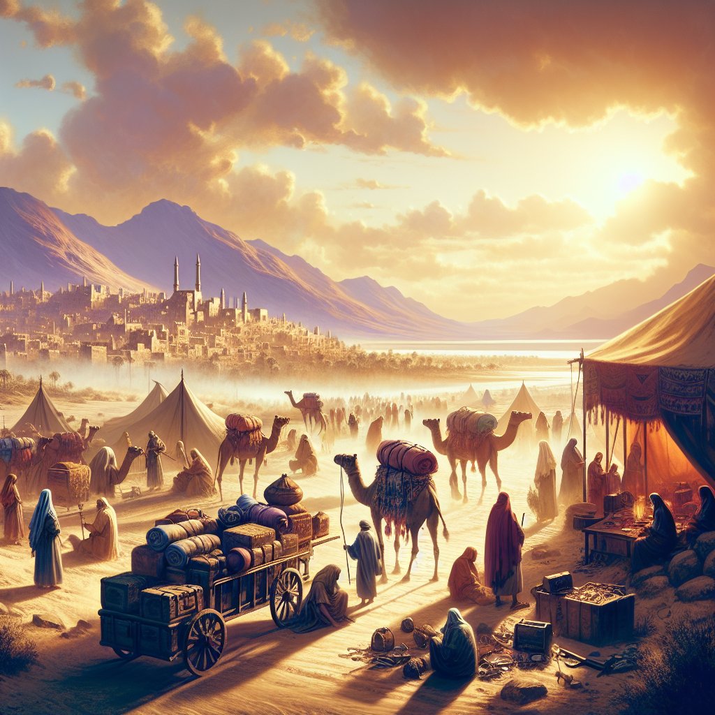 Numbers 33:34 - "And they removed from Jotbathah, and encamped at Ebronah."
An atmospheric digital art scene illustrating Numbers 33:34 from the Bible: 'And they removed from Jotbathah, and encamped at Ebronah.' Show a group of diverse people packing up their belongings from the city of Jotbathah, a city glimpsed in the background. Showcase elements like camels, tents, and artifact-filled carts under the heated desert sun to display their exodus. In the distance, the city of Ebronah can be faintly seen, perhaps atop a hill or beyond a stretch of desert, indicating the group's next destination.