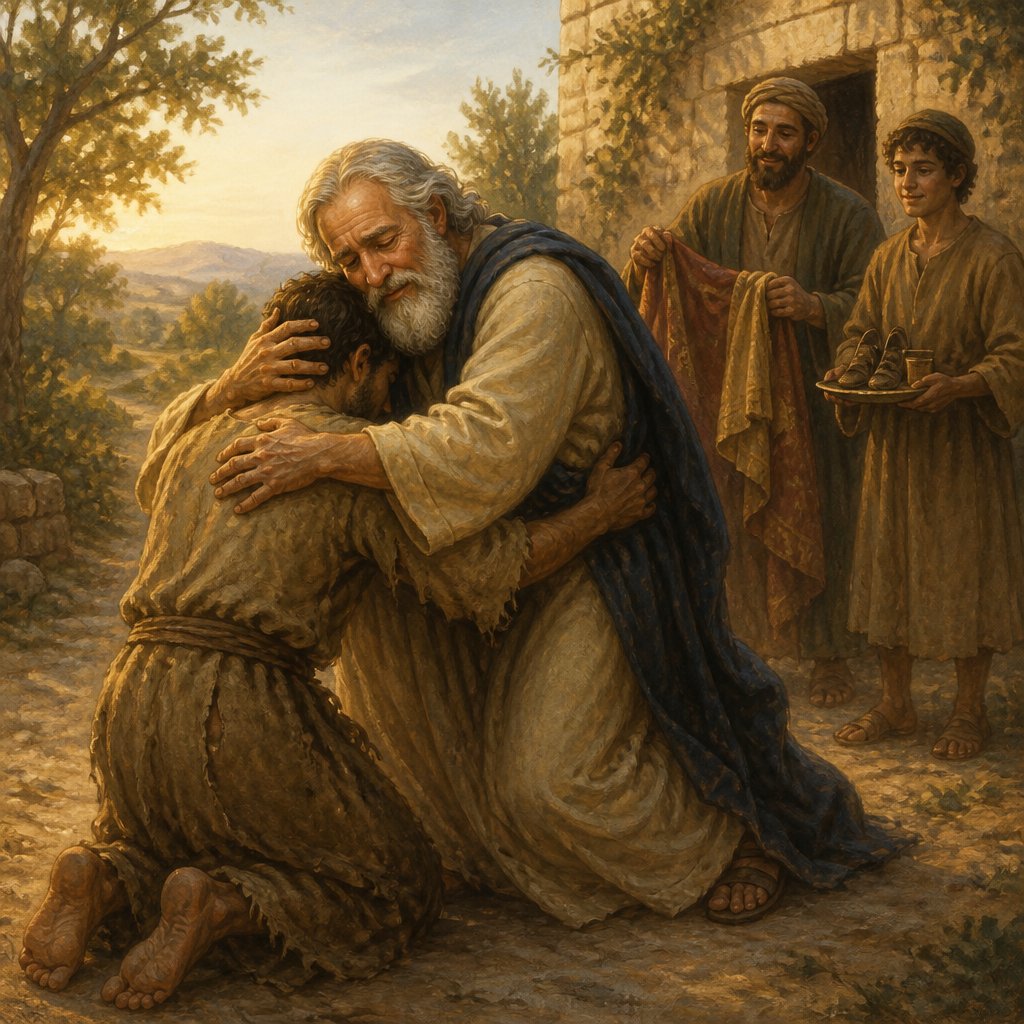 "I will arise and go to my father, and will say to him, “Father, I have sinned against heaven and before you, and I am no longer worthy to be called your son. Make me like one of your hired servants." ' And he arose and came to his father. But when he was still a great way off, his father saw him and had compassion, and ran and fell on his neck and kissed him. And the son said to him, 'Father, I have sinned against heaven and in your sight, and am no longer worthy to be called your son.' But the father said to his servants, 'Bring out the best robe and put it on him, and put a ring on his hand and sandals on his feet. And bring the fatted calf here and kill it, and let us eat and be merry; for this my son was dead and is alive again; he was lost and is found.' And they began to be merry." - Luke 15:18-24