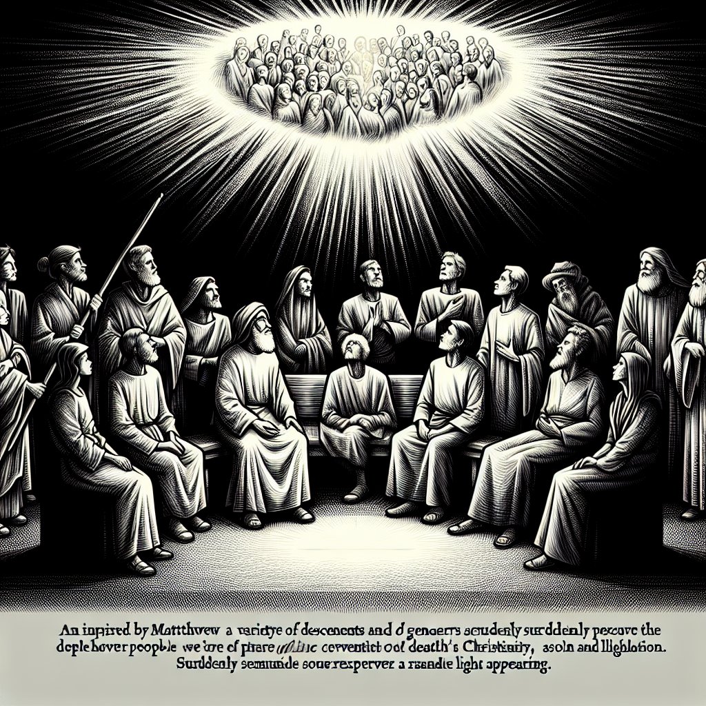 Matthew 4:16 - "The people which sat in darkness saw great light; and to them which sat in the region and shadow of death light is sprung up."
An image inspired by Matthew 4:16. Showcase people, from a variety of descents and genders, sitting in darkness. These people suddenly perceive a grand illumination. Include another group of people who are in the vicinity of death's shadow also observing a radiant light appearing. Prepare the representation using the line art technique. The image should convey reverence to Christianity, expressing devotion and respect. There should be no textual elements within the image.