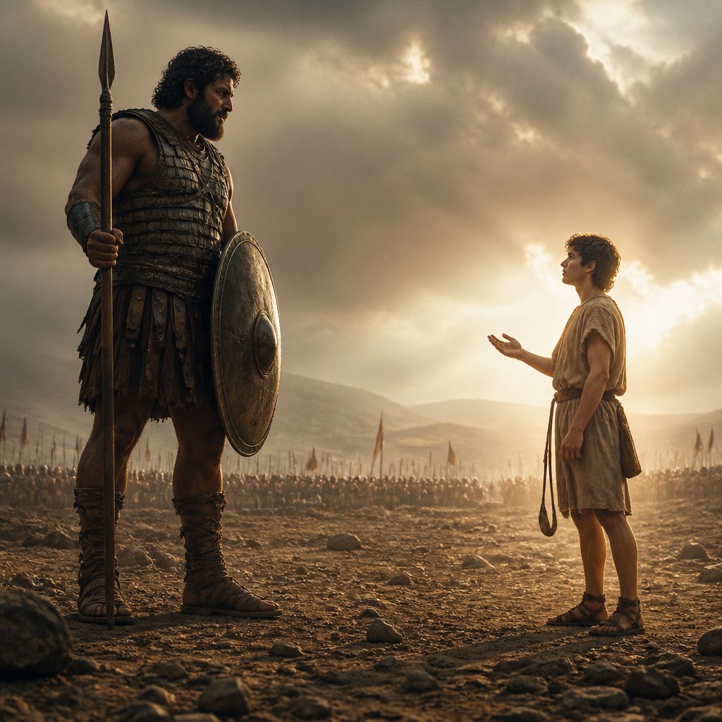 Goliath and David standing across from each other on a battle field with David holding his sling and speaking to Goliath with a gentle glow on him