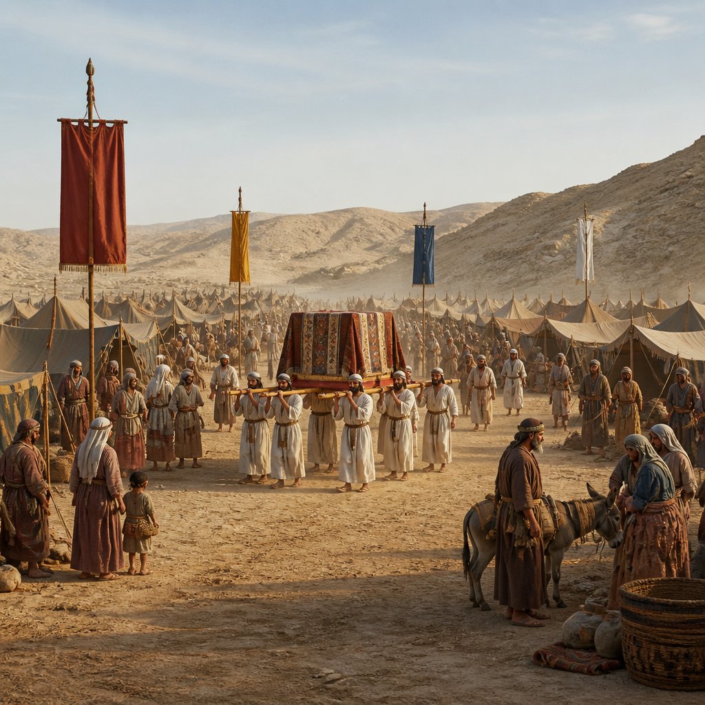 "Then the tabernacle of the congregation shall set forward with the camp of the Levites in the midst of the camp: as they encamp, so shall they set forward, every man in his place by their standards." - Numbers 2:17