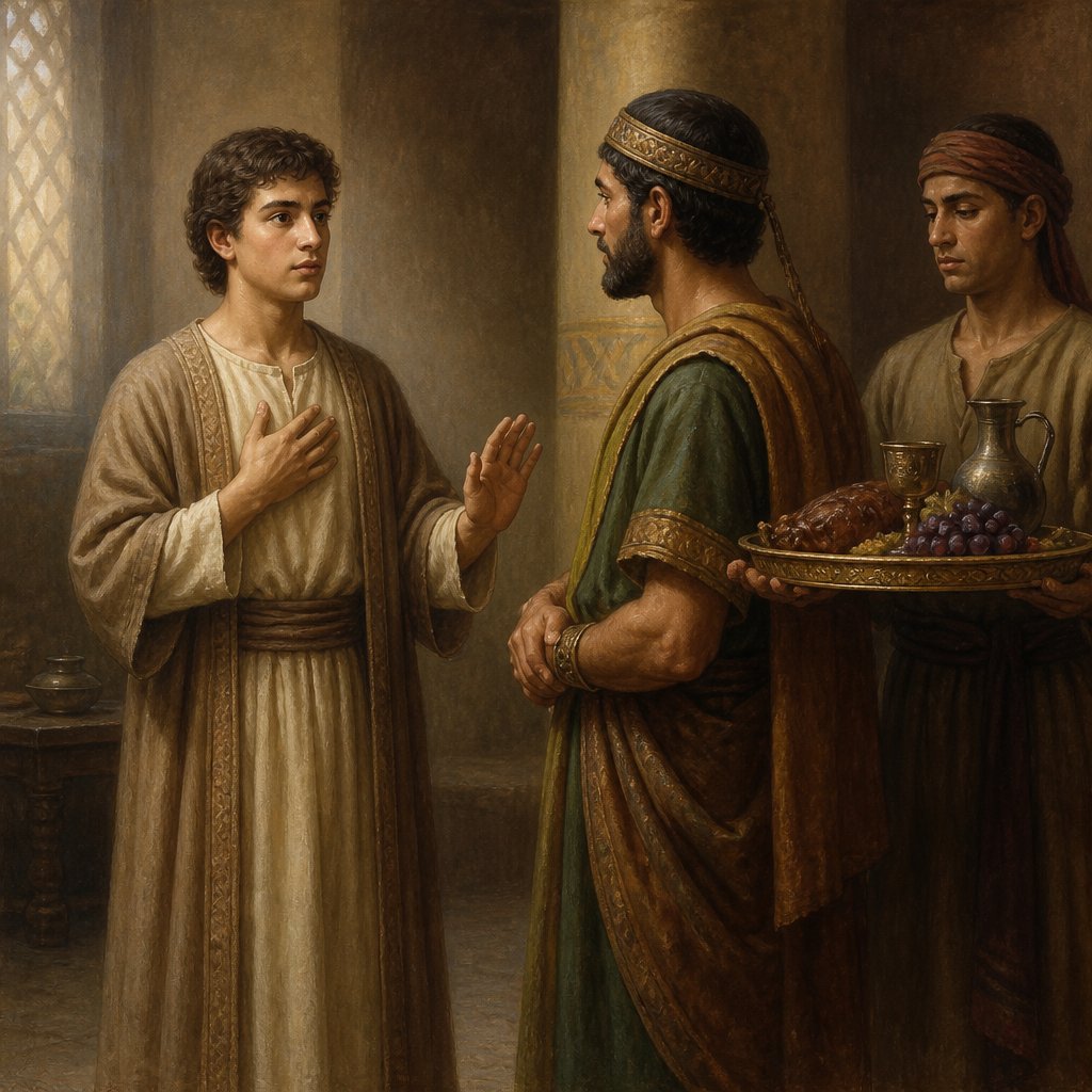 "¶ But Daniel purposed in his heart that he would not defile himself with the portion of the king's meat, nor with the wine which he drank: therefore he requested of the prince of the eunuchs that he might not defile himself." - Daniel 1:{verse.verse_number}
