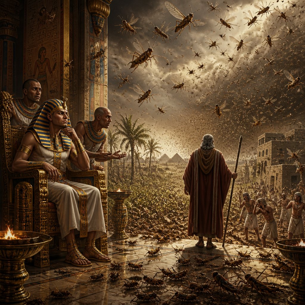 If you refuse to let them go, I will bring locusts into your country tomorrow. 5 They will cover the face of the ground so that it cannot be seen. They will devour what little you have left after the hail, including every tree that is growing in your fields. 6 They will fill your houses and those of all your officials and all the Egyptians—something neither your parents nor your ancestors have ever seen from the day they settled in this land till now.’” Then Moses turned and left Pharaoh.