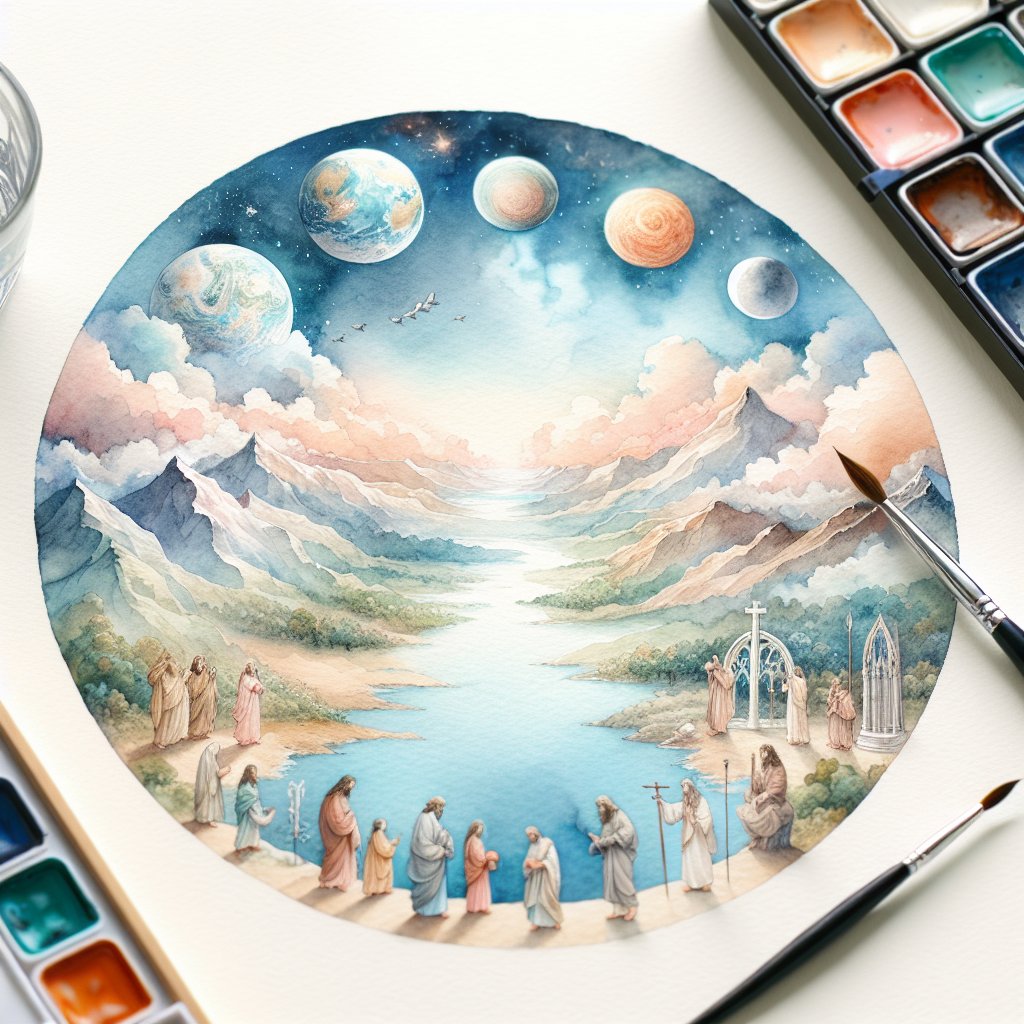 before the world was
Visualize a watercolor painting that depicts the scene 'Before the World Was', with a respectful and devotional perspective towards Christianity. This scene can potentially include pure landscapes, heavenly bodies or elements of creation with subtle Christian symbols imbued within them. There should be no text or words in the image.