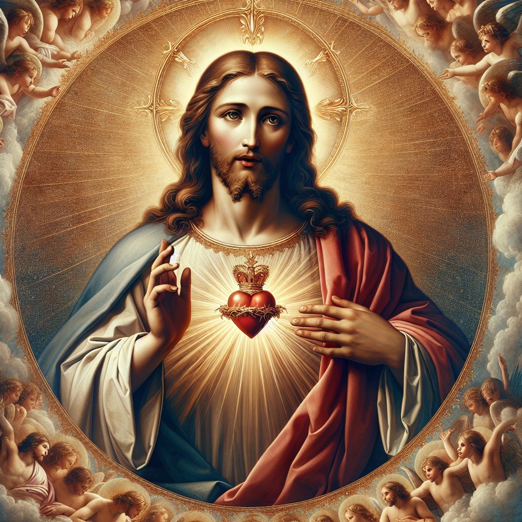 Jesus Christ's Sacred Heart radiant with infinite love and salvation!
An image of the Sacred Heart of Jesus Christ, radiant with infinite love and salvation, as depicted in the Renaissance art style. The focus of the image should be on the devotion and respect towards Christianity. The image should represent the divine heart, surrounded by a heavenly aura. Please ensure there are no texts or words within the image.