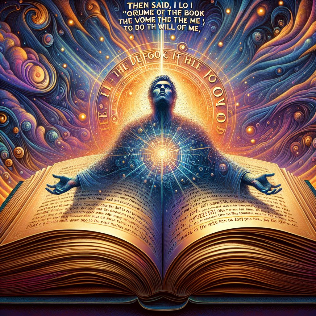 Hebrews 10:7 - "Then said I, Lo, I come (in the volume of the book it is written of me,) to do thy will, O God."
A visual representation of the Biblical verse Hebrews 10:7 - 'Then said I, Lo, I come (in the volume of the book it is written of me,) to do thy will, O God.' This illustration is created using digital art techniques, depicting a person emerging from the pages of a large, sacred book, their features filled with determination. Surrounding them is a background of divine light and spiritual symbolism, the colors rendered with the vibrant hues and sharp contrasts typical of digital art.