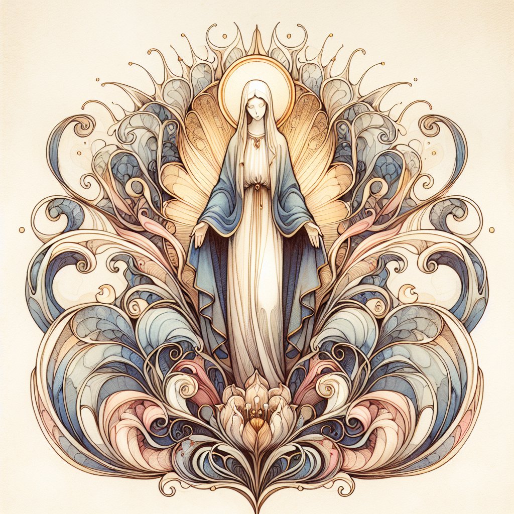 Our Lady of the Expectation, art nouveau, symmetry, natural colors
A representation of 'Our Lady of Expectation' executed in watercolor with symmetry and natural colors. This image captures the Art Nouveau vibe with intricate organic forms and flowing, graceful lines. The artwork is instilled with a sense of devotion and respect for Christianity, showcasing the Mary in a sensitive, reverential light. No words or text are present in this evocative, deeply spiritual scene.