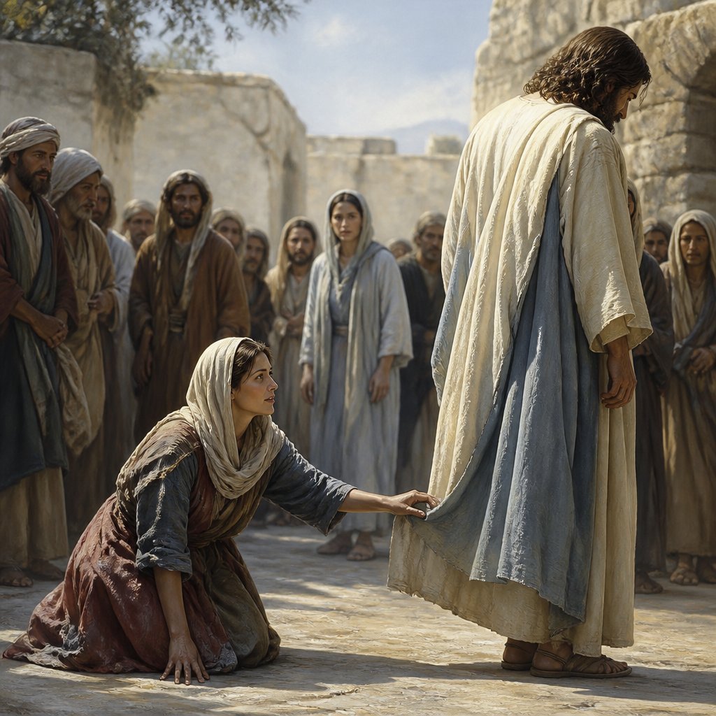 "¶ And, behold, a woman, which was diseased with an issue of blood twelve years, came behind him, and touched the hem of his garment:" - Matthew 9:20
