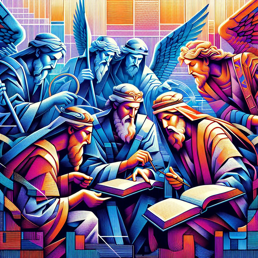 Ezra 10:15 - "¶ Only Jonathan the son of Asahel and Jahaziah the son of Tikvah were employed about this matter: and Meshullam and Shabbethai the Levite helped them."
An artistic rendition of a scene from Ezra 10:15. Two central figures represent Jonathan, the son of Asahel, and Jahaziah, the son of Tikvah, engrossed in a matter of importance. Another two figures, symbolizing Meshullam and Shabbethai the Levite, are actively assisting them. The scene unfolds in a digital art style, characterized by elements such as crisp lines, abstract forms, gradient colors, and pixel-patterns.