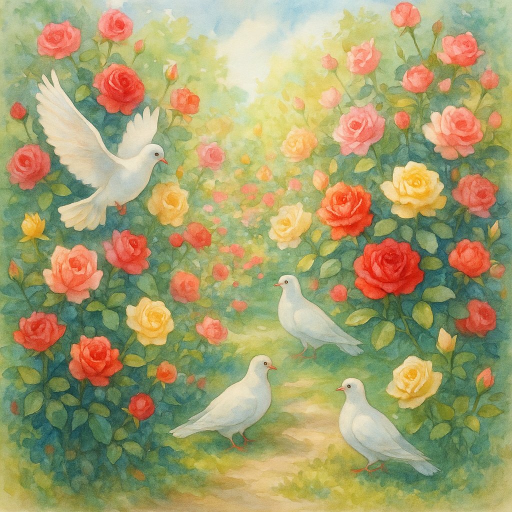 Matthew 6:29 expressed as a garden different types of rose bushes and doves. Do not use human figures.
