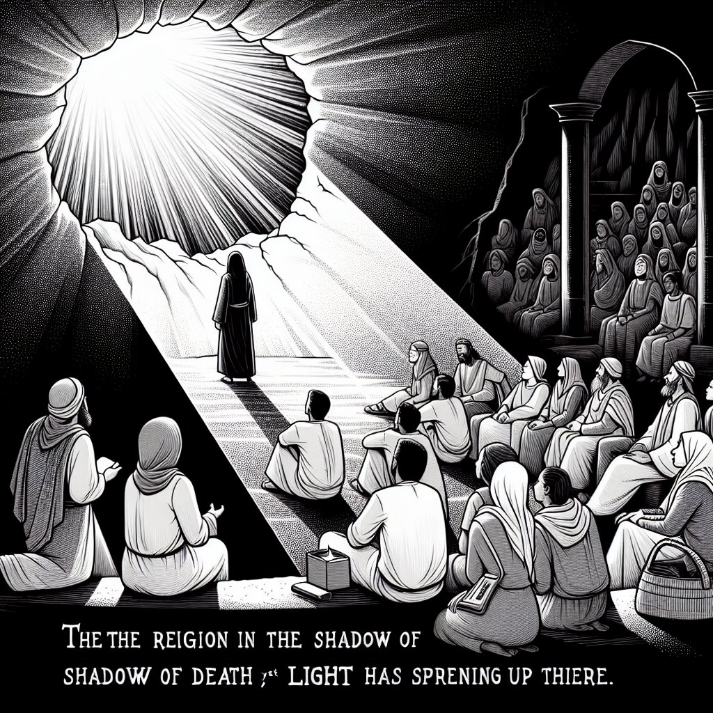 Matthew 4:16 - "The people which sat in darkness saw great light; and to them which sat in the region and shadow of death light is sprung up."
An image portraying a metaphorical biblical scene inspired by Matthew 4:16. It shows a group of diverse people, including a Hispanic woman and a Middle-Eastern man, sitting in a dark area. Suddenly, they see a brilliant and great light breaking the darkness. They are at awe, looking towards the source of the light. This area is conceptualised as a region in the shadow of death, yet light has sprung up there. The image is drawn in a respectful and devotional way towards Christianity, represented in line art style. There should be no use of text or words within the image.