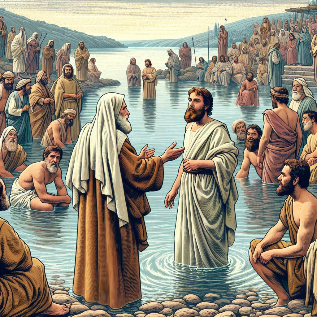 John the Baptist) in Jordan river talking to people
An illustration depicted in digital art style showcasing a biblical scene of a bearded man, traditionally representing John the Baptist, standing in the Jordan river and engaging in a conversation with diverse collected people on its bank. The overall tone of this image should invoke a sense of devotion and respect towards the Christian faith. Avoid any inclusion of text or words in the image.