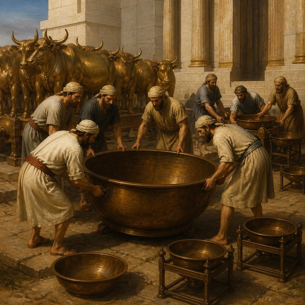 Israelite workman at the temple take the bronze laver off the 12 oxen and set it on the ground. Other washing basins are taken off their frames.