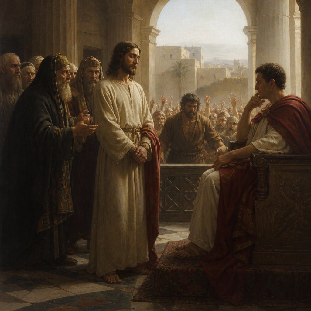 "And Pilate asked him, “Are you the King of the Jews?” And he answered him, “You have said so.” And the chief priests accused him of many things. And Pilate again asked him, “Have you no answer to make? See how many charges they bring against you.” But Jesus made no further answer, so that Pilate was amazed.
Now at the feast he used to release for them one prisoner for whom they asked. And among the rebels in prison, who had committed murder in the insurrection, there was a man called Barabbas. And the crowd came up and began to ask Pilate to do as he usually did for them. And he answered them, saying, “Do you want me to release for you the King of the Jews?” For he perceived that it was out of envy that the chief priests had delivered him up. But the chief priests stirred up the crowd to have him release for them Barabbas instead. And Pilate again said to them, “Then what shall I do with the man you call the King of the Jews?” And they cried out again, “Crucify him.” And Pilate said to them, “Why, what evil has he done?” But they shouted all the more, “Crucify him.” So Pilate, wishing to satisfy the crowd, released for them Barabbas, and having scourged Jesus, he delivered him to be crucified." - Mark 15:2-15