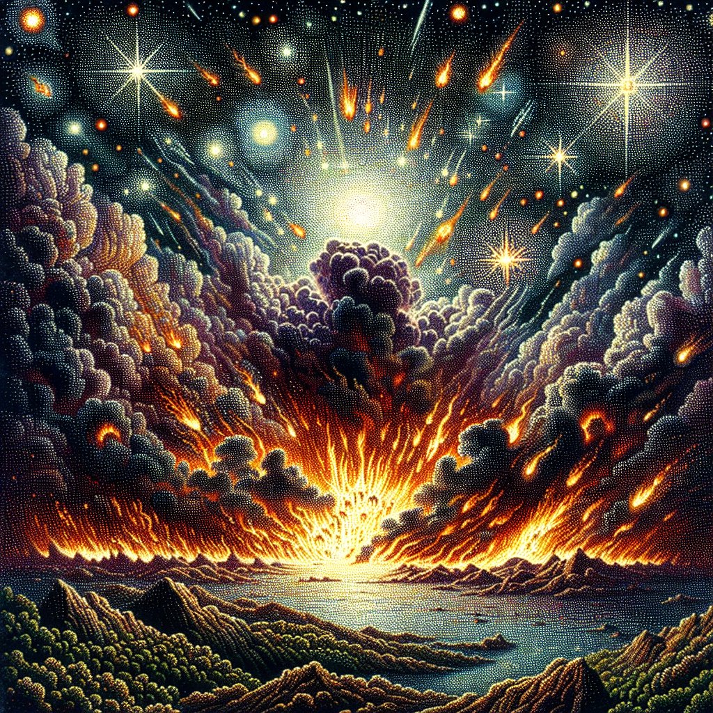 2 Peter 3:10 (KJVA)
10 But the day of the Lord will come as a thief in the night; in the which the heavens shall pass away with a great noise, and the elements shall melt with fervent heat, the earth also and the works that are therein shall be burned up.
A scene from the second epistle of Peter (3:10) represented in pointillism style. The heavens are rapidly changing, a cataclysmic event unfolding with a resounding noise, punctuated by stars gleaming like molten elements in the night sky. The earth in the midst of fervently melting elements, seems to catch fire, hinting at the immensity of the event. The scene communicates reverence and devotion to the Christian faith while maintaining an intense sense of awe and solemnity. Be careful to not include any words or text within the art itself.