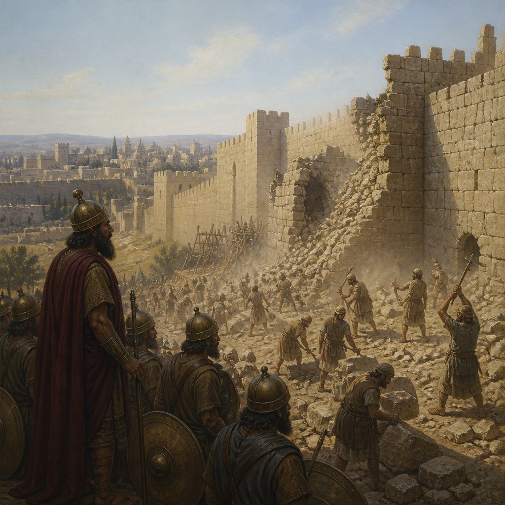 "And all the army of the Chaldeans, that were with the captain of the guard, brake down all the walls of Jerusalem round about." - Jeremiah 52:14