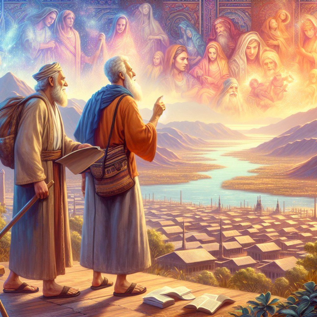 Genesis 12:4
So Abram departed, as the LORD had spoken unto him; and Lot went with him: and Abram was seventy and five years old when he departed out of Haran.
Create a devotional and respectful digital art that depicts a scene inspired from Genesis 12:4. Feature two aged men, symbolizing Abram and Lot, preparing for a journey, showing Abram in his seventies to depart from a place that represents Haran. Ensure the art encapsulates the sense of divine inspiration guiding their journey.