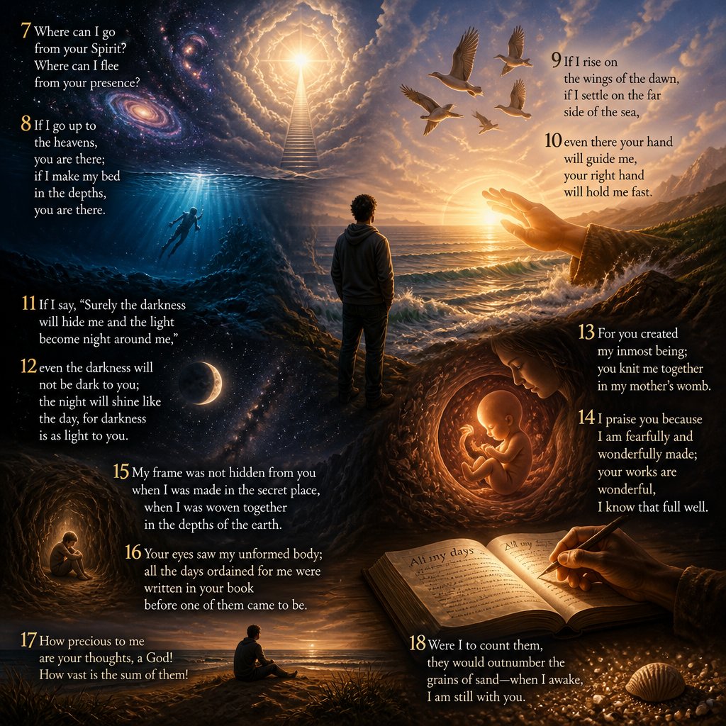 7Where can I go from your Spirit?
Where can I flee from your presence?
8If I go up to the heavens, you are there;
if I make my bed in the depths, you are there.
9If I rise on the wings of the dawn,
if I settle on the far side of the sea,
10even there your hand will guide me,
your right hand will hold me fast.
11If I say, “Surely the darkness will hide me
and the light become night around me,”
12even the darkness will not be dark to you;
the night will shine like the day,
for darkness is as light to you.
13For you created my inmost being;
you knit me together in my mother’s womb.
14I praise you because I am fearfully and wonderfully made;
your works are wonderful,
I know that full well.
15My frame was not hidden from you
when I was made in the secret place,
when I was woven together in the depths of the earth.
16Your eyes saw my unformed body;
all the days ordained for me were written in your book
before one of them came to be.
17How precious to me are your thoughts, a God!
How vast is the sum of them!
18Were I to count them,
they would outnumber the grains of sand—when I awake, I am still with you.
