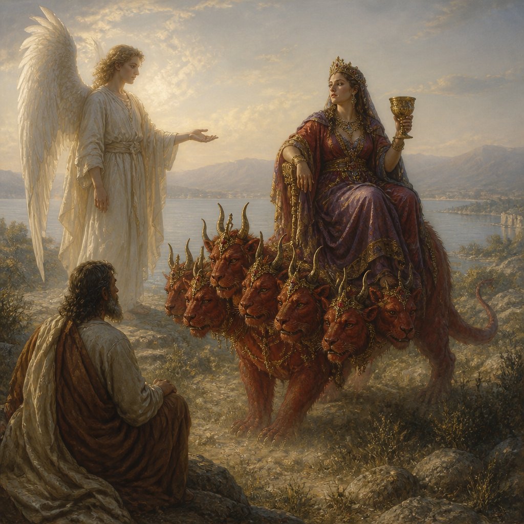 "Then one of the seven angels who had the seven bowls came and talked with me, saying to me, “Come, I will show you the judgment of the great harlot who sits on many waters, with whom the kings of the earth committed fornication, and the inhabitants of the earth were made drunk with the wine of her fornication.”
So he carried me away in the Spirit into the wilderness. And I saw a woman sitting on a scarlet beast which was full of names of blasphemy, having seven heads and ten horns. The woman was arrayed in purple and scarlet, and adorned with gold and precious stones and pearls, having in her hand a golden cup full of abominations and the filthiness of her fornication. And on her forehead a name was written:
MYSTERY, BABYLON THE GREAT,
THE MOTHER OF HARLOTS
AND OF THE ABOMINATIONS
OF THE EARTH." - Revelation 17:1-5