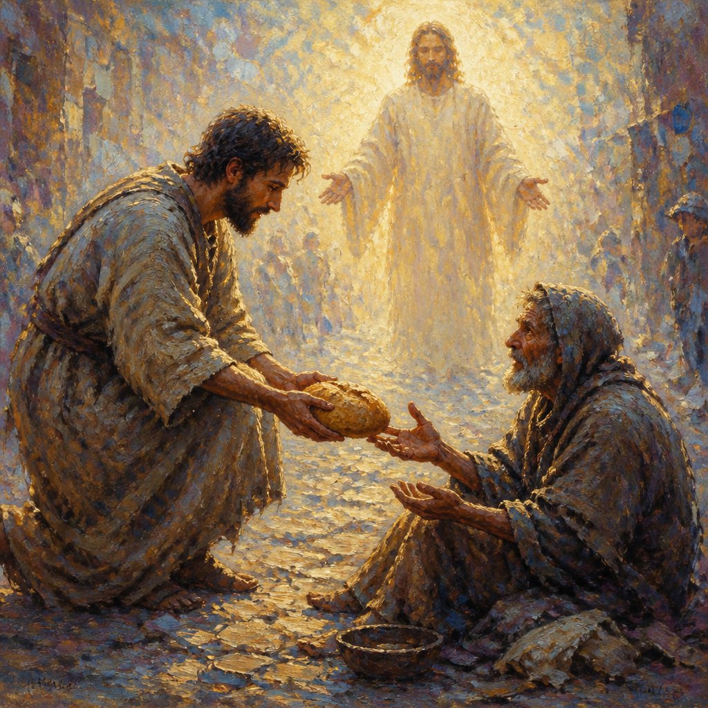 Matthew 25:40 image of Jesus in the background with extended open hands and in the foreground a man offering bread to a beggar