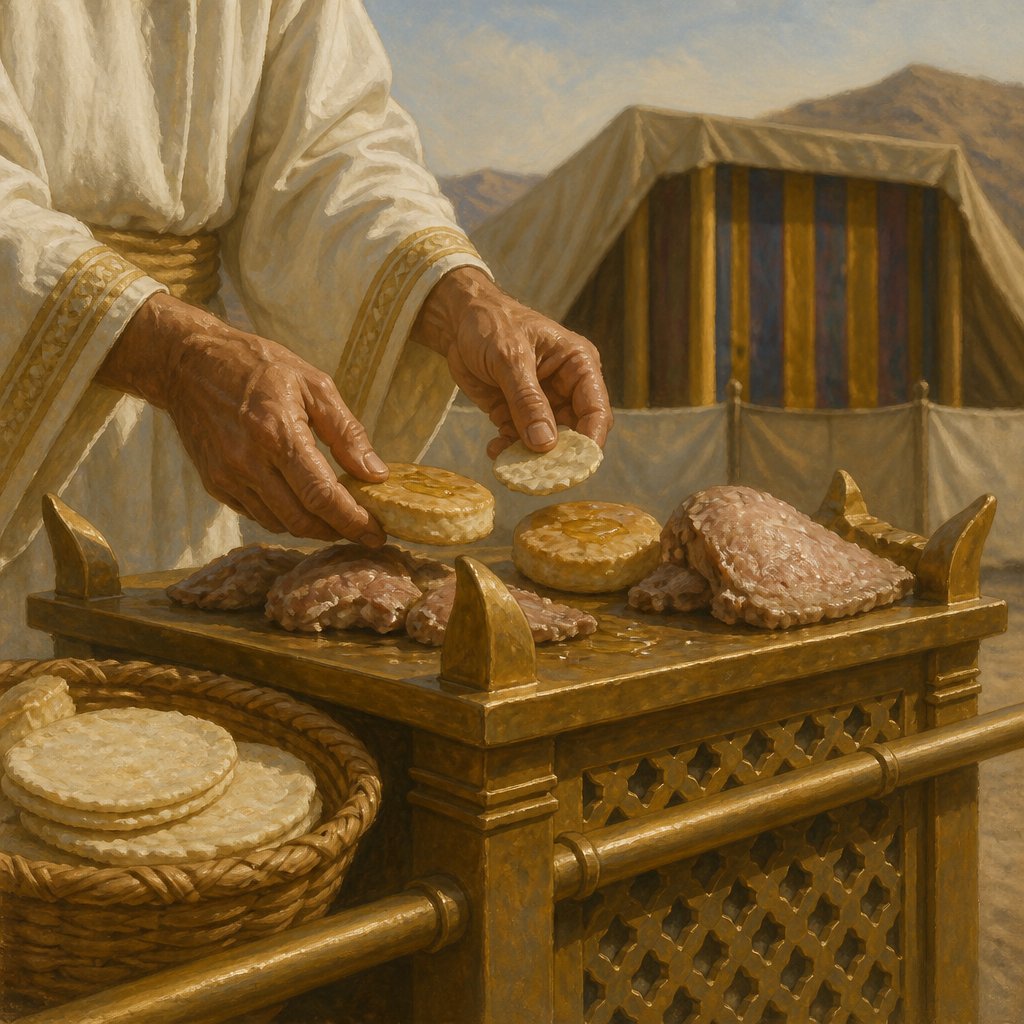 "And out of the basket of unleavened bread, that was before the LORD, he took one unleavened cake, and a cake of oiled bread, and one wafer, and put them on the fat, and upon the right shoulder:" - Leviticus 8:{verse.verse_number}