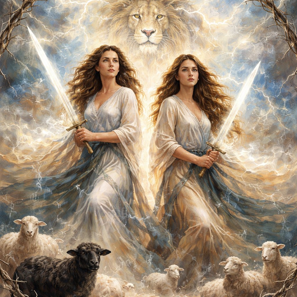 2 brunette daughters of thunder
50 year old and 30 year old
Each holding a sword (Word of God)
Modestly dressed
Thunder and lightening raging
Lost sheep
Lion of Judah in background
Crown of thorns around perimeter of photo
black sheep
Lighter clothing with light blue and tan tones
Lighter vibe
Heavenly vibe
Evangelism