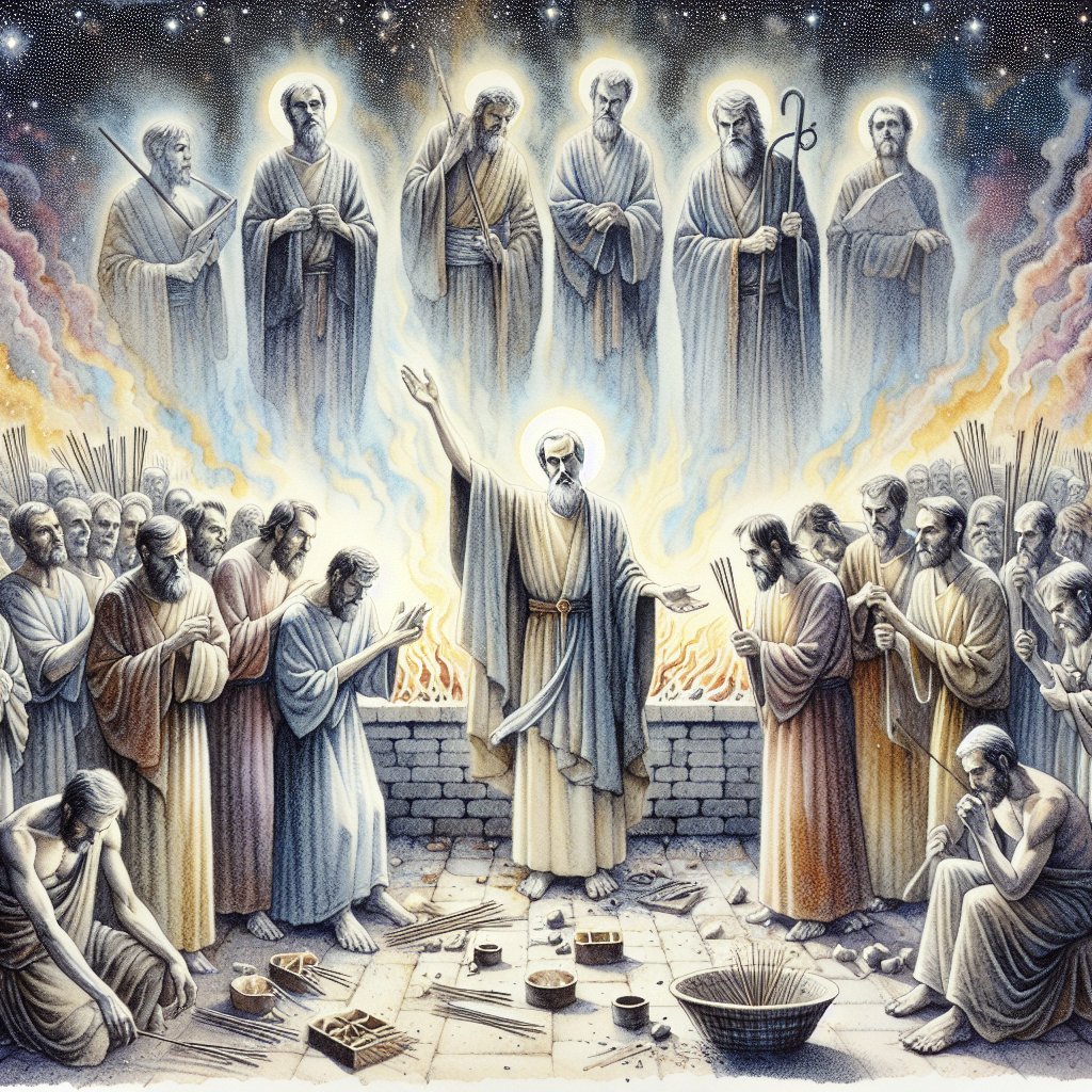 Jeremiah 44:5 But they did not listen or incline their ear to turn from their wickedness, to burn no incense to other gods.
Depict a symbolic representation of Jeremiah 44:5 from the Bible. Show several figures ignoring a divine warning, continuing to offer incense to non-Christian idols. This piece should invoke a sense of deep judgement for their waywardness, but also a feeling of sorrow for their refusal to heed divine advice. The artwork should be in a respectful and devotional style that is appropriate for Christianity, using the medium of watercolor. Do not use any text or words in the image, but rather focus on expressing the inherent emotion within the scripture passage through visual symbols and elements.