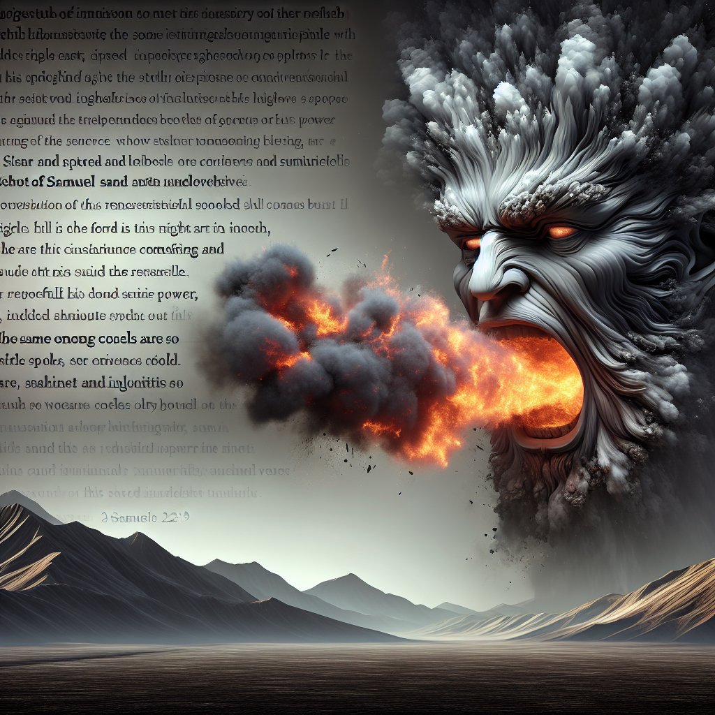 2 Samuel 22:9 - "There went up a smoke out of his nostrils, and fire out of his mouth devoured: coals were kindled by it."
The visualization of a biblical verse, 2 Samuel 22:9. The scene describes a majestic figure with a powerful presence. Smoke ascends from this figure's nostrils, symbolizing intense anger or tremendous power. The image becomes more dramatic with the addition of fire spewing out of their mouth, signifying the words spoken are powerful, consuming and influential. This same fire is shown to be so intense, it ignites coals upon contact. The overall scene should blend elements of surrealism and reverence usually associated with religious texts. Deliver this representation in the form of digital art.