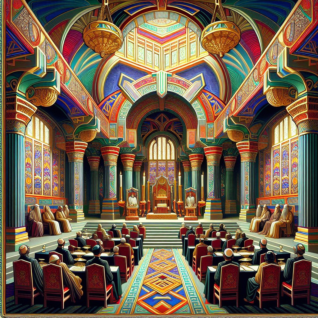 Ezekiel 40:46 (KJVA)
46 And the chamber whose prospect is toward the north is for the priests, the keepers of the charge of the altar: these are the sons of Zadok among the sons of Levi, which come near to the LORD to minister unto him.
Create an image inspired by the biblical passage of Ezekiel 40:46. Depict chambers facing north, priests symbolically represented as the keepers of the altar, and incorporate elements referencing the sons of Zadok from the tribe of Levi who minister to the Lord. Please use the features of the Art Deco style to render this scene - geometric shapes, rich colors, and lavish ornamentation. The image should come across as respectful and devotional towards Christianity. Please refrain from using any text or words within the artwork.
