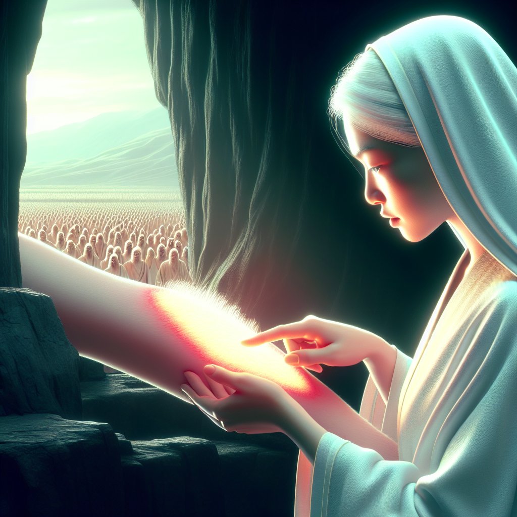 Leviticus 13:26 - "But if the priest look on it, and, behold, there be no white hair in the bright spot, and it be no lower than the other skin, but be somewhat dark; then the priest shall shut him up seven days:"
Envision a scene inspired by an ancient text, Leviticus 13:26. A priest, an Asian female, is observed scrutinizing a particular area of skin. She finds no white hair within the bright patch that dominates the scene. The luminous zone is on an equal level with the rest of the skin, yet it possesses a tinge of darkness. Infused with an aura of solemnity, the priest makes the decision to isolate the subject for a span of seven days. The style should be crisp, modern, and precise, reminiscent of digital art.