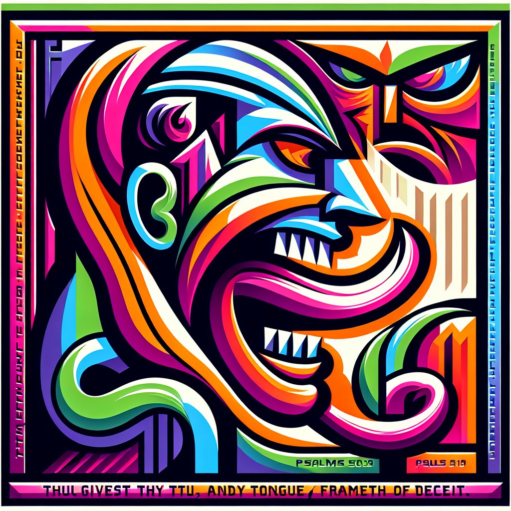 Psalms 50:19 - "Thou givest thy mouth to evil, and thy tongue frameth deceit."
A symbolic depiction of Psalms 50:19 - 'Thou givest thy mouth to evil, and thy tongue frameth deceit.' rendered in a stylized way characteristic of modern digital art, focusing on vivid colors, sleek lines and imaginative layouts that emphasize the essence of the verse.