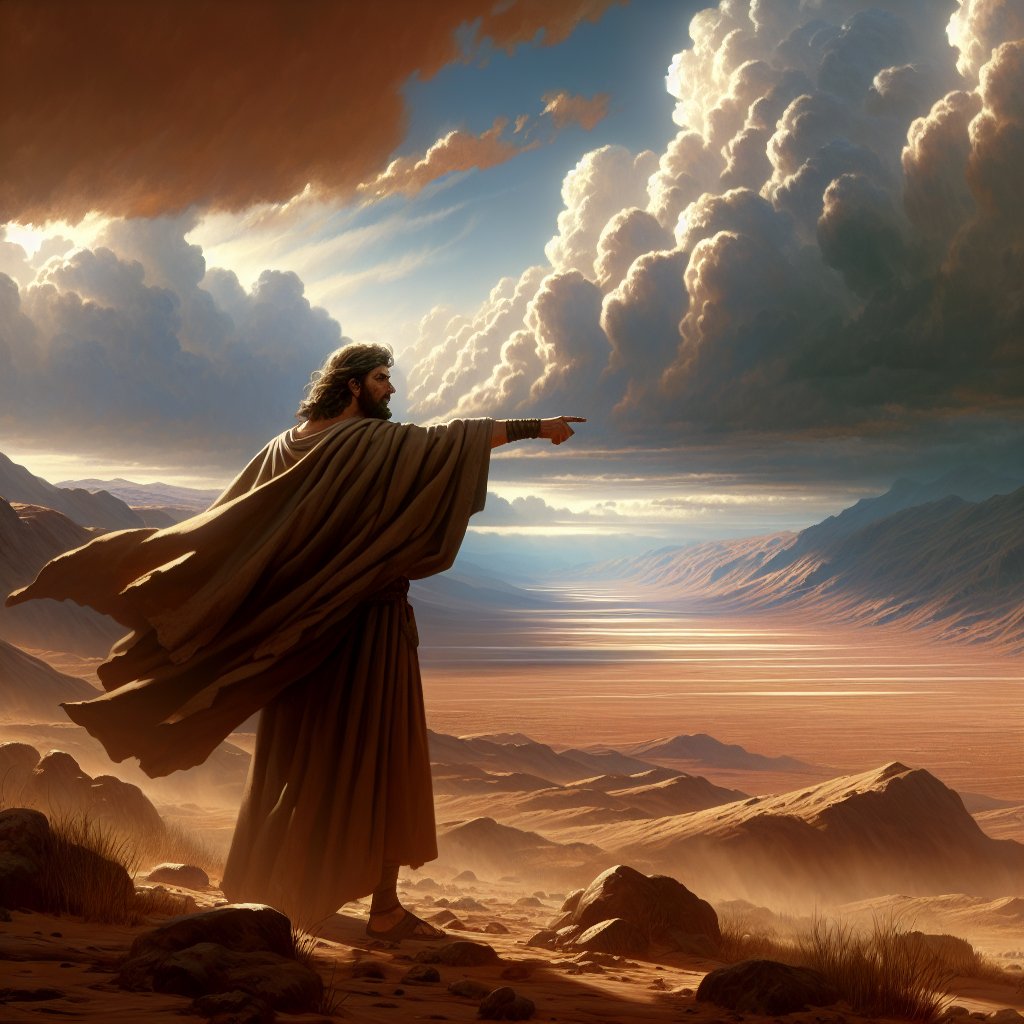 Numbers 10:30 - "And he said unto him, I will not go; but I will depart to mine own land, and to my kindred."
A digital art visualization of a scene inspired by Numbers 10:30 - 'And he said unto him, I will not go; but I will depart to mine own land, and to my kindred'. Picture a man standing in a barren land, his face resolute. He points assertively towards the distance, indicating the land he speaks of. The sky above him is filled with dramatic clouds, adding an intensity to the moment.