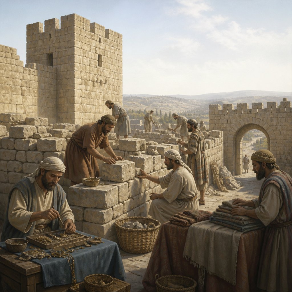 "And between the going up of the corner unto the sheep gate repaired the goldsmiths and the merchants." - Nehemiah 3:{verse.verse_number}